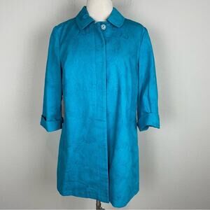 Chico's Blue Textured Floral 4 Button 3/4 Sleeve Coat 1